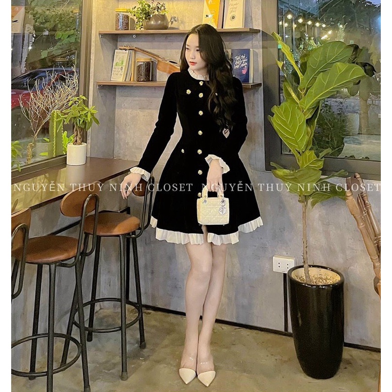 Váy Đầm Nữ Chất Liệu Nhung Cứng Dáng Xoè Đính Cúc Tay Dài Chạy Viền Bèo Thiết Kế Sang Chảnh Đi Làm Công Sở, Du Lịch