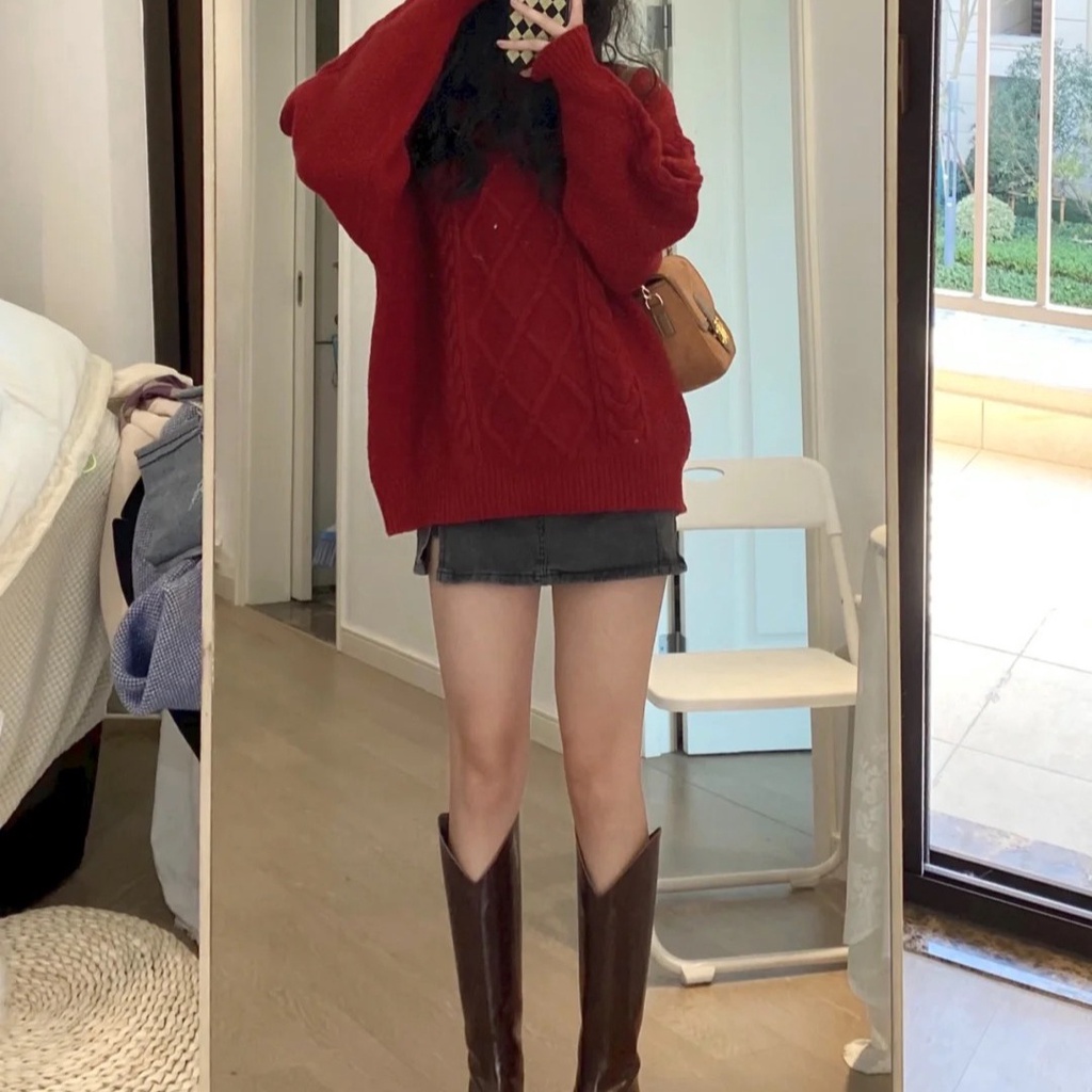 Nhanh Chóng❀Giáng sinh. Set Áo Len Dài Tay Form Rộng + Chân Váy Xòe Phong Cách Giáng Sinh Năm Mới Dành Cho Nữ