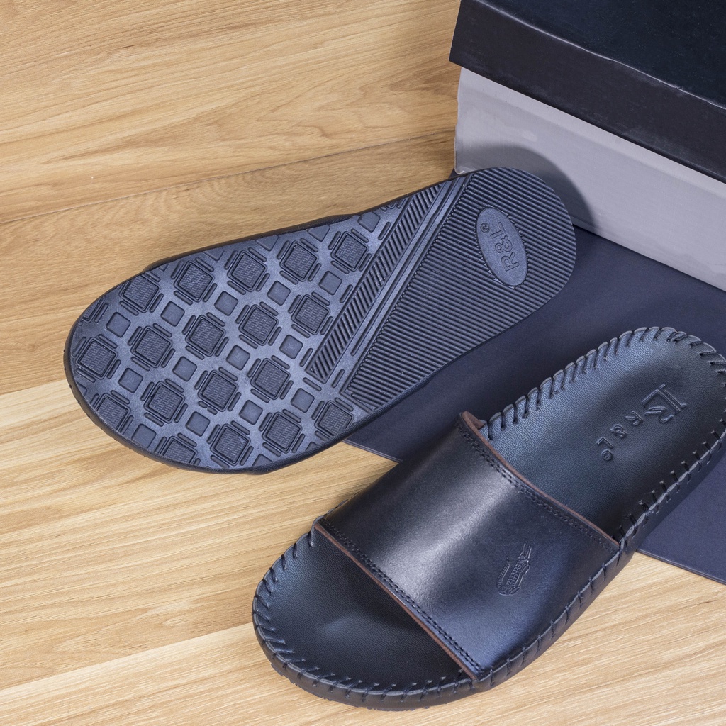 Dép Nam quai ngang trơn da bò cao cấp mã A màu đen