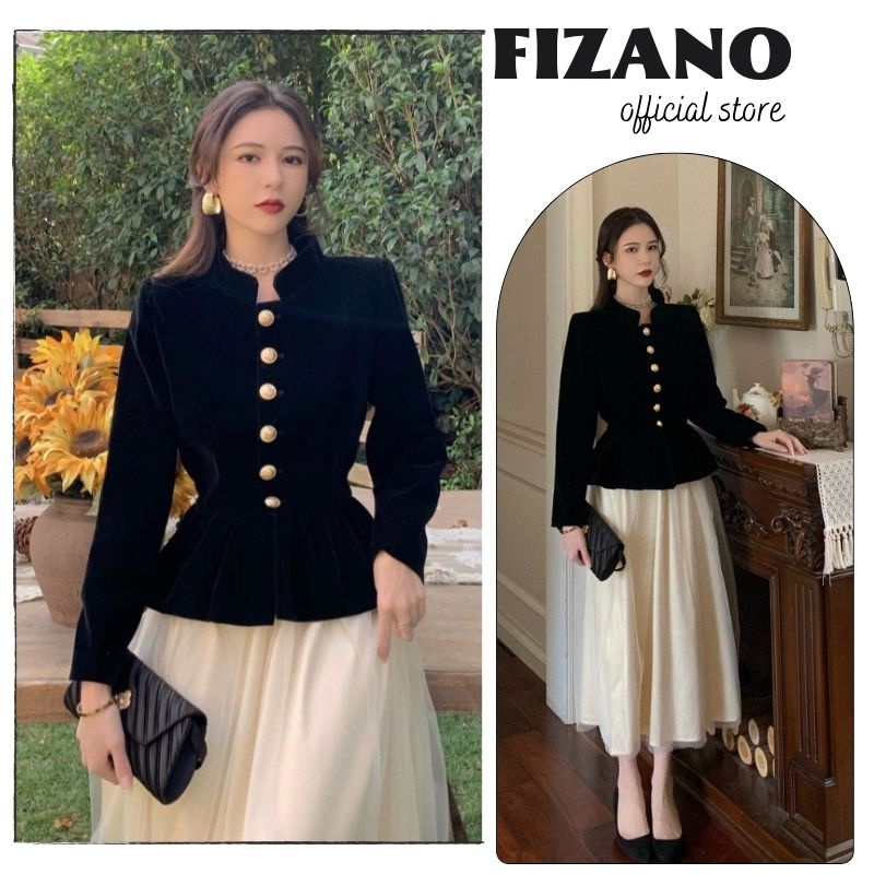 Áo nhung nữ cúc đồng cổ tàu thiết kế dài tay eo xòe chất nhung mềm mại kiểu dáng tiểu thư sang chảnh fizano