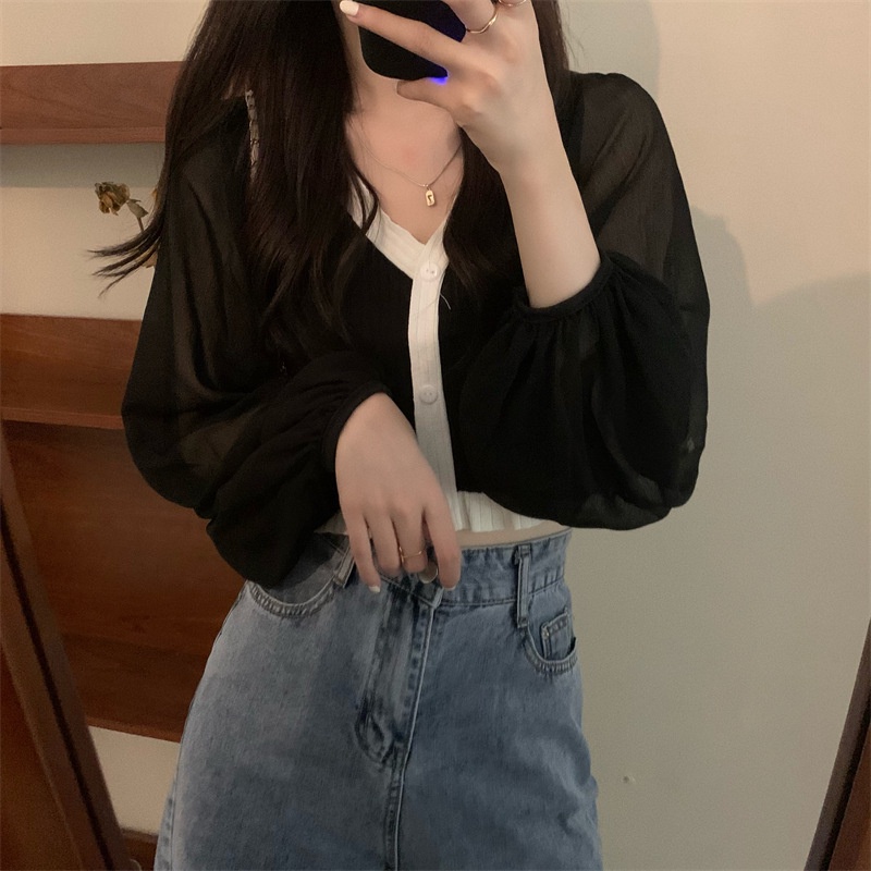 Áo Khoác Cardigan Len Dệt Kim Tay Phồng Phối Lưới Thời Trang Mùa Thu Phong Cách Hàn Quốc Mới Cho Nữ