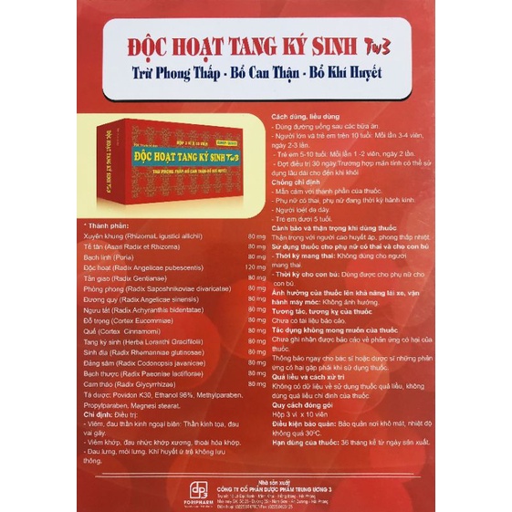 Viên Uống ĐỘC HOẠT TANG KÝ SINH TW3