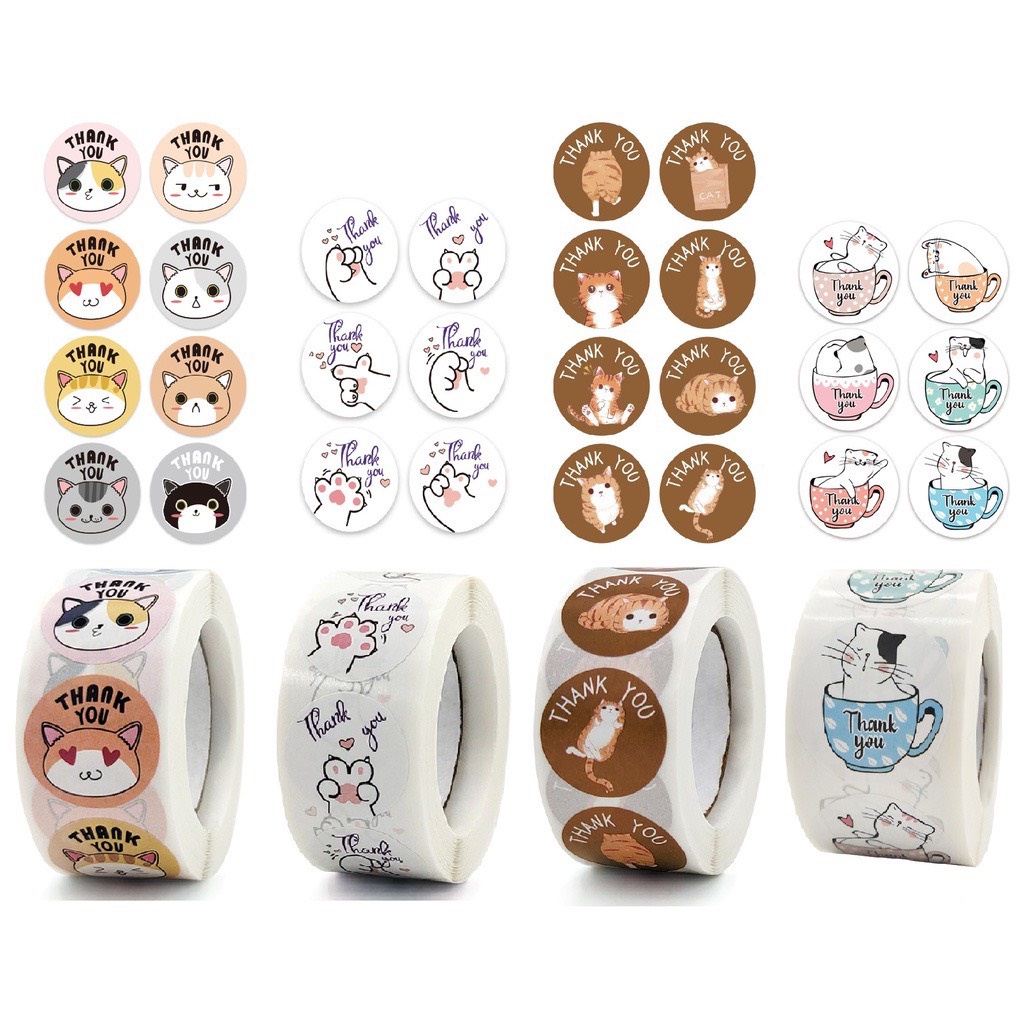 Cuộn 500 sticker thank you, nhãn dãn cảm ơn, tem tròn cảm ơn họa tiết dễ thương đáng yêu