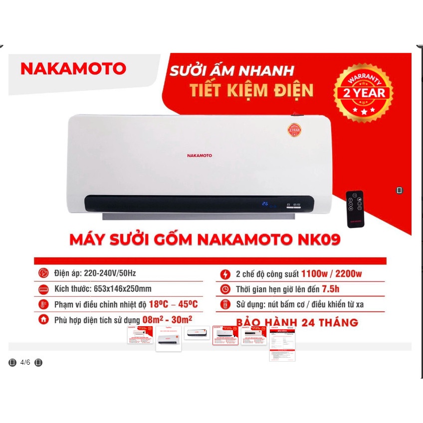 ĐIỀU HÒA GỐM 2 CHIỀU, MÁY SƯỞI NAKAMOTO NHẬT BẢN NK06 CÓ KHIỂN-BH 24 THÁNG