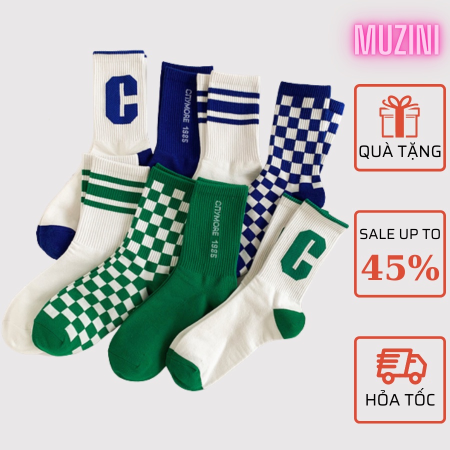 Tất cổ cao Muzini vớ nam nữ thể thao trắng sọc ca rô thời trang Hàn Quốc TN63