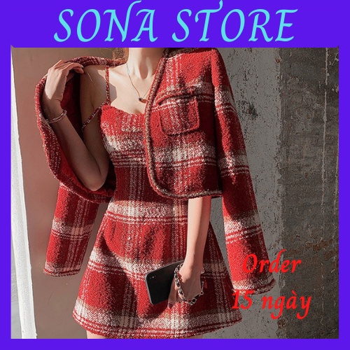 Set dạ tweed nữ tiểu thư mùa đông đỏ caro bigsize áo khoác ngắn váy 2 dây sang chảnh bánh bèo hàng quảng châu cao cấp