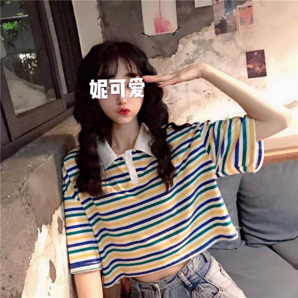 Áo polo Tay Ngắn Dáng Rộng Họa Tiết Kẻ Sọc Màu Sắc Thời Trang Mùa Hè Phong Cách Hàn Quốc Cho Nữ