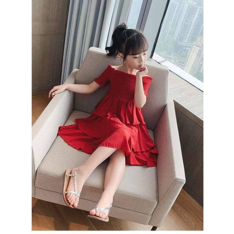 Váy Cho Bé Gái | Đầm Công Chúa Nhỏ Trễ Vai Màu Đỏ Cho Bé Gái 3-5 - 10 Tuổi