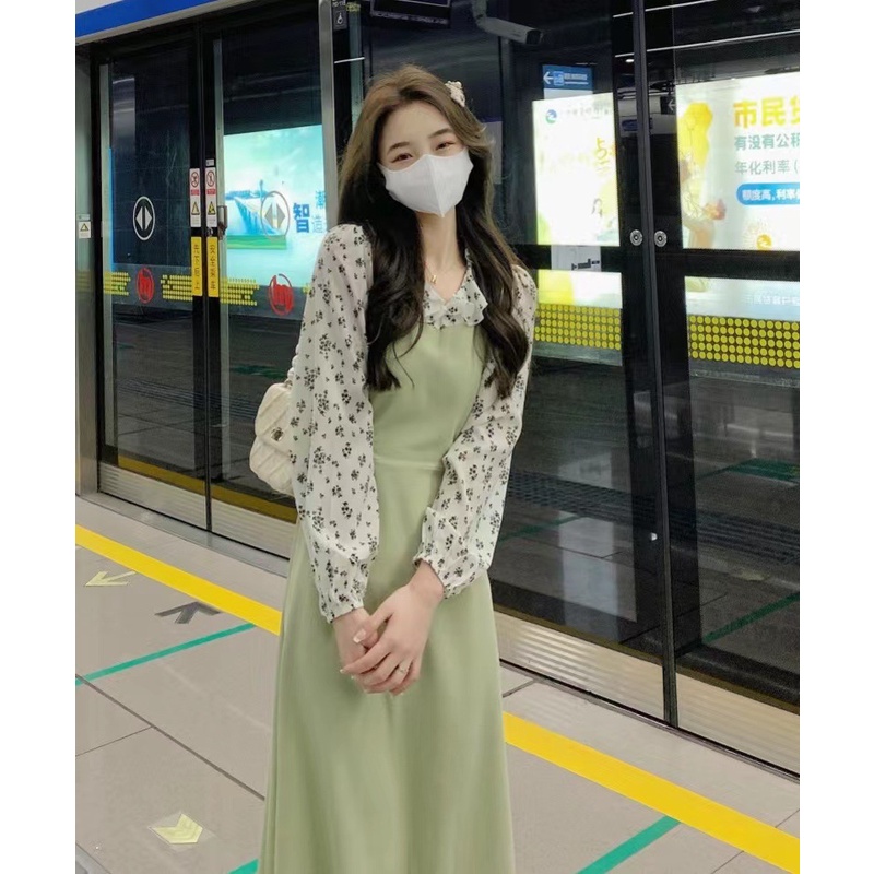 Đầm Dài Giả Hai Mảnh Tay Dài In Họa Tiết Hoa Phong Cách Pháp Thời Trang Mùa Thu 2022