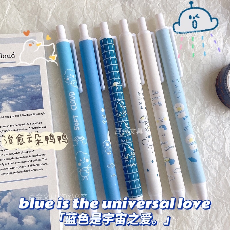 Bút bi bấm màu xanh dương pastel cute 0.5mm, bút bi bấm dễ thương mực đen có ruột thay thế Ếch Ộp Vpp