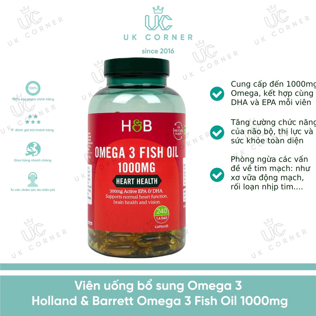 [Bill UK] Viên uống bổ sung Omega 3 Holland &amp; Barrett Omega 3 Fish Oil 1000mg