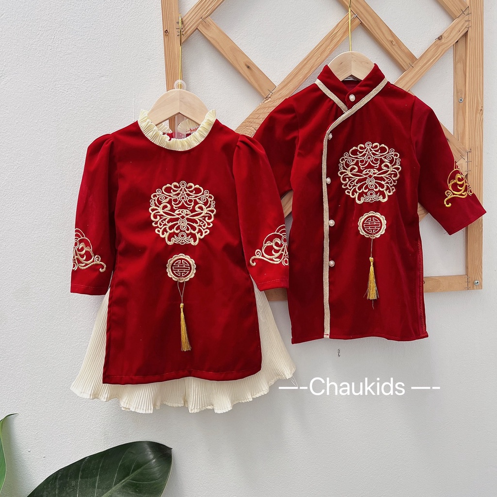 Set Áo Dài Tết Cách Tân Cho Bé Trai Bé Gái WOWKIDS Chất Nhung Lì Thêu Phượng Cho Bé Từ 8 - 28kg