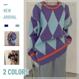 Áo Sweater Dệt Kim Dáng Rộng Màu Sắc Tương Phản Phong Cách Retro Hàn Quốc Cho Nữ 2021