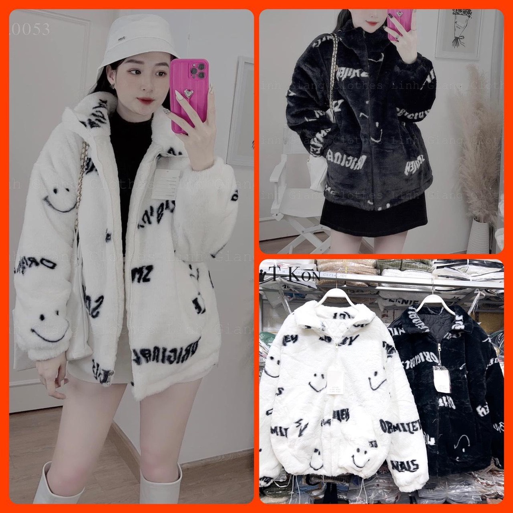 Áo khoác lông in mặt cười chữ không mũ hàng Quảng Châu A2507N Nhung nhớ boutique