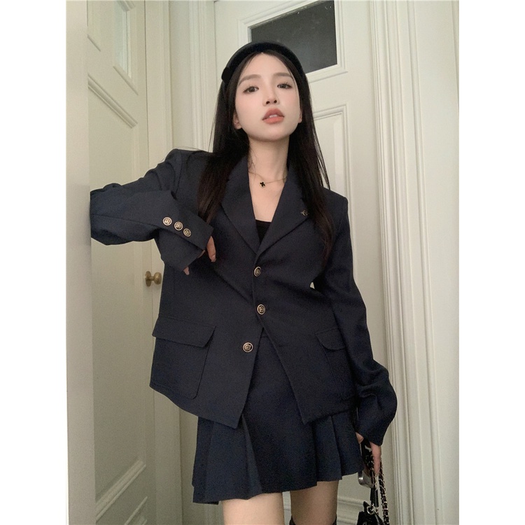 (ORDER) Set áo vest blazer cổ V + Chân váy ngắn xếp ly màu xanh than style nữ sinh Hàn Quốc trẻ trung