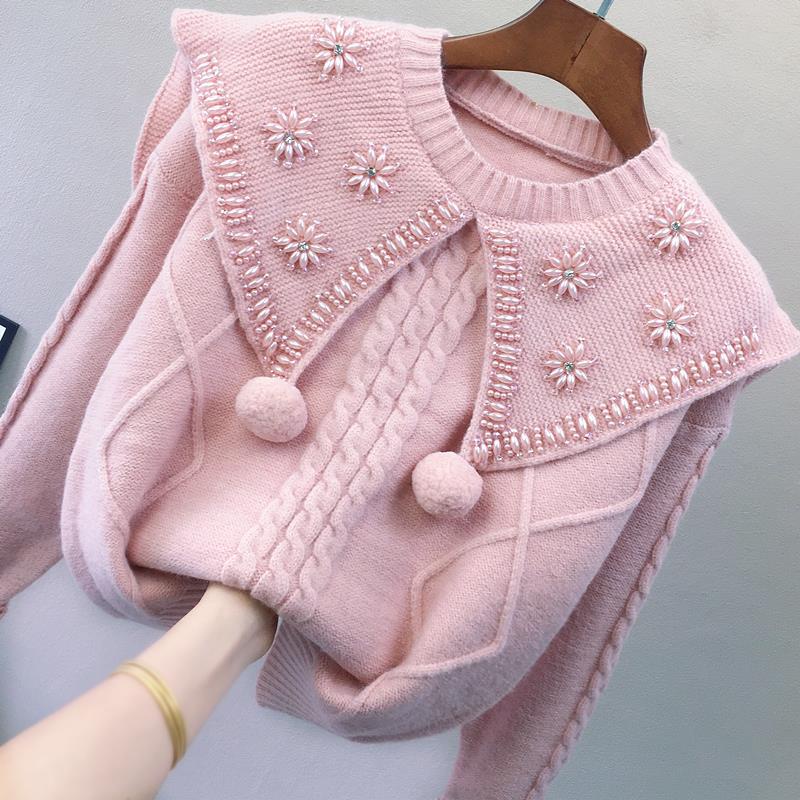 Áo Sweater Chui Đầu Dáng Rộng Đính Hạt Phối Lông Phong Cách Công Nghiệp Ngọt Ngào Thời Trang Mùa Xuân Mới Cho Nữ