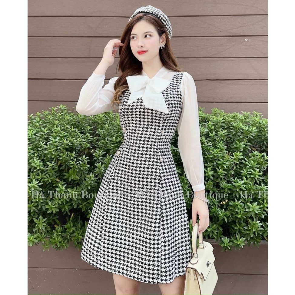 Váy đầm nữ thanh lịch áo tay voan phối nơ cực xinh họa tiết dáng xòe kẻ karo đính nút quý phái dự tiệc