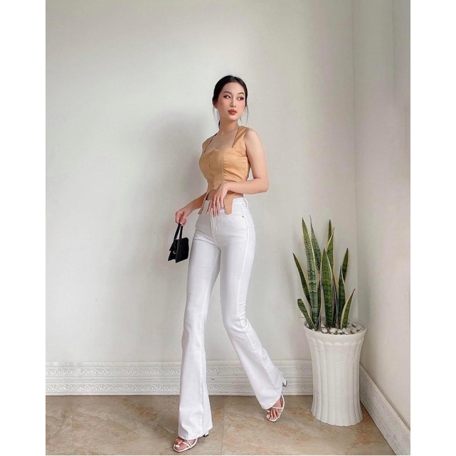 QUẦN JEANS XUẤT KHẨU  LOE TRẮNG/KEM DÀI 105CM LƯNG CAO CO GIÃN QJ658