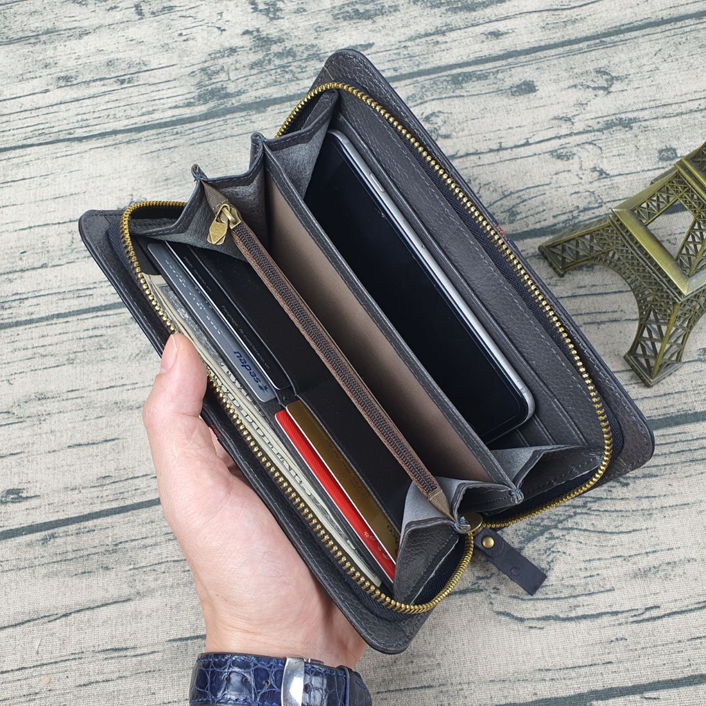 Ví cầm tay nam nữ da bò vân đà điểu WL126VB  - 100% da bò thật, BH 3 năm