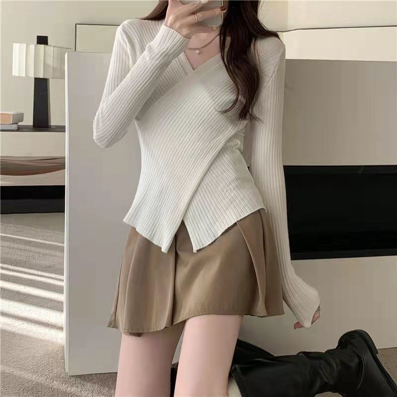 [Giao Ngay] Áo Sweater Đen Tay Dài Cổ Chữ V Chéo Màu Trơn Dáng Ôm Thời Trang Mùa Xuân Mới Cho Nữ
