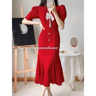 Đầm midi nhung đỏ đuôi cá tag nơ trắng