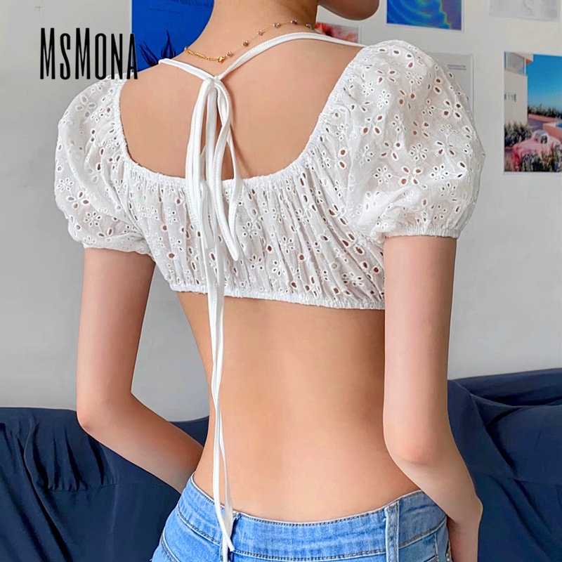 MsMona Áo Thun Crop Top Tay Ngắn Cổ Tròn Phối Ren Màu Trơn Thời Trang 2022 Dành Cho Nữ