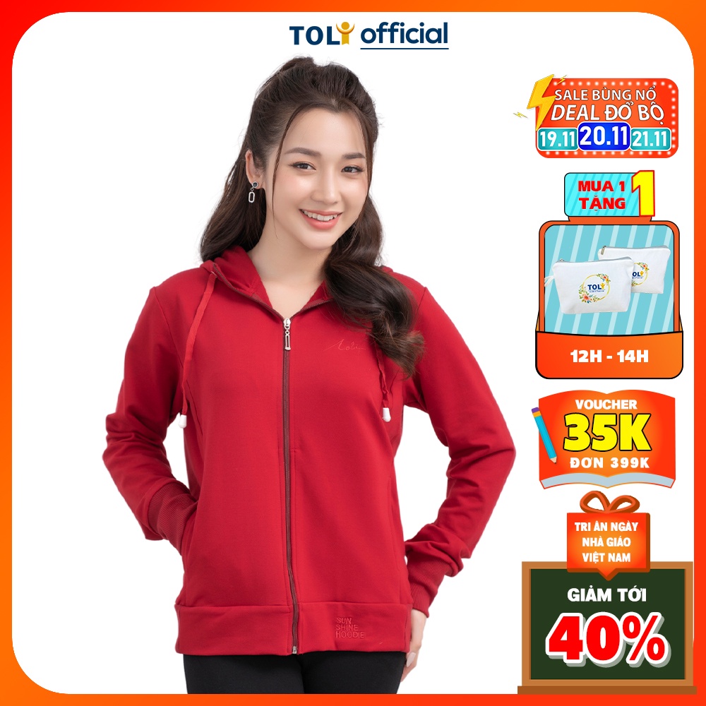 Áo khoác chống nắng chất da cá thoáng mát, có túi trong TOLI, Áo khoác Hoodie trơn nữ khóa zip có mũ [Đỏ đô-KN05]