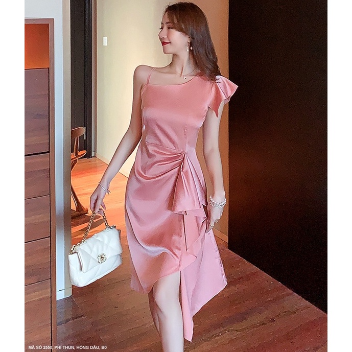 (Có size) Đầm Lụa thiết kế tà xéo chéo vai đi tiệc cực sang cho bạn nữ - hàng có size lớn