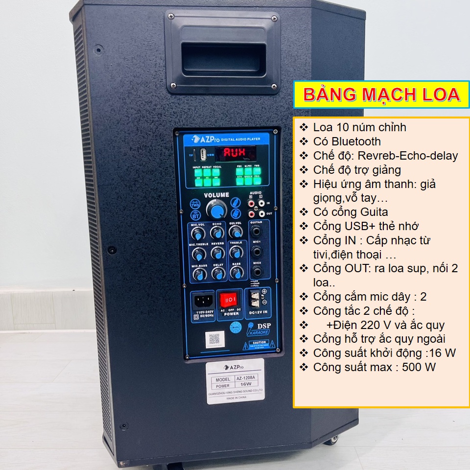 Loa kéo chính hãng AZPRO , AZ-1208-A bass 30-3 đường tiếng mẫu mới 10 núm chỉn- REVERB,Tặng 2 mic