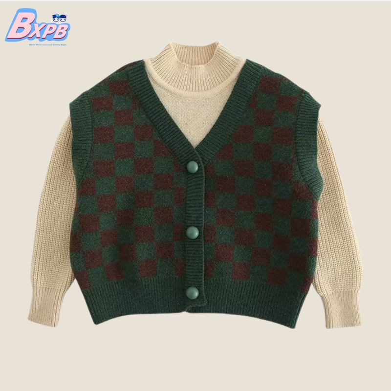 Áo Sweater Giả Hai Mảnh Dáng Rộng Thoải Mái Phong Cách Mới Thiết Kế Ca Rô Có Thể Mặc Vào 3-15 Tuổi