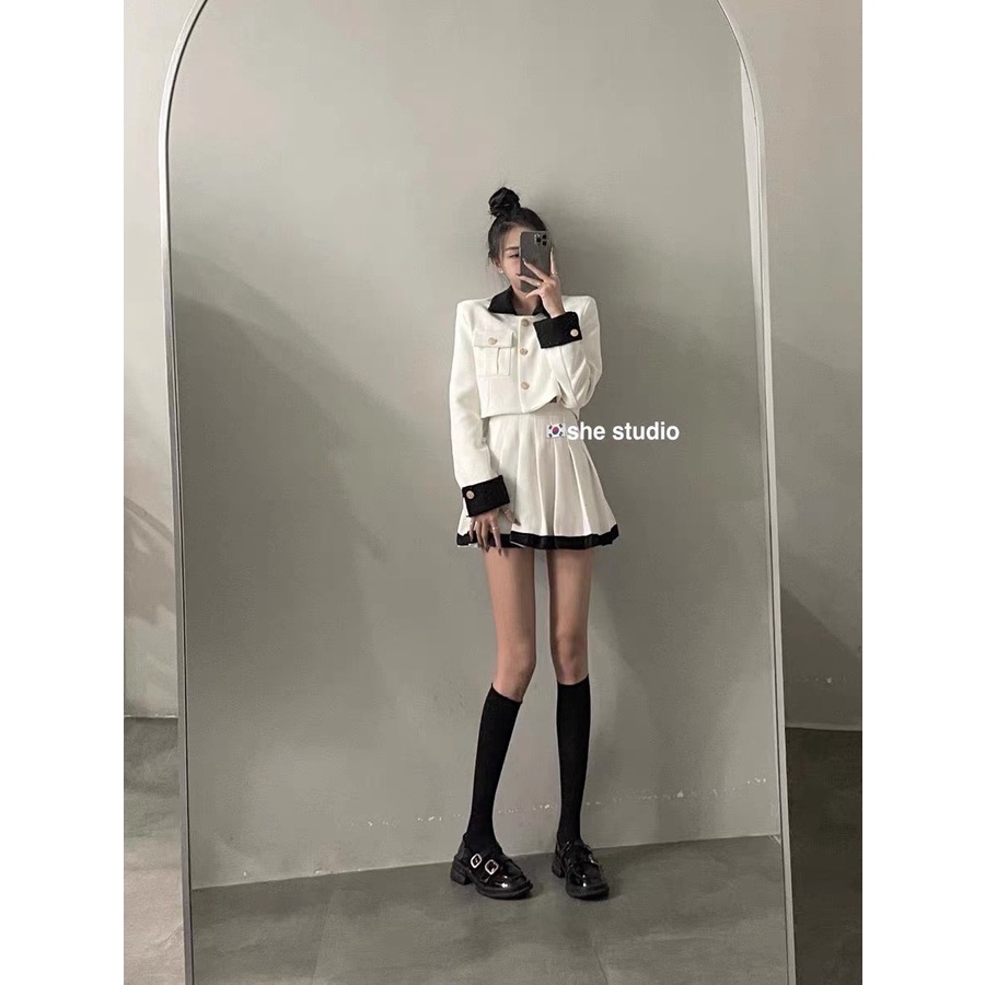 Set Dạ Áo Croptop 2 Lớp Phối Cổ Mix Chân Váy Xoè Xếp Ly Hàng Thiết Kế 2 Lớp @Tesoro clothes