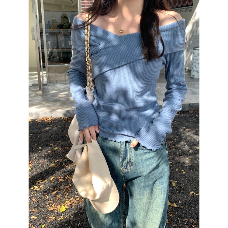 ZHELIHANGFEI Áo Dệt Kim Dài Tay Trễ Vai Dáng Ôm Gợi Cảm