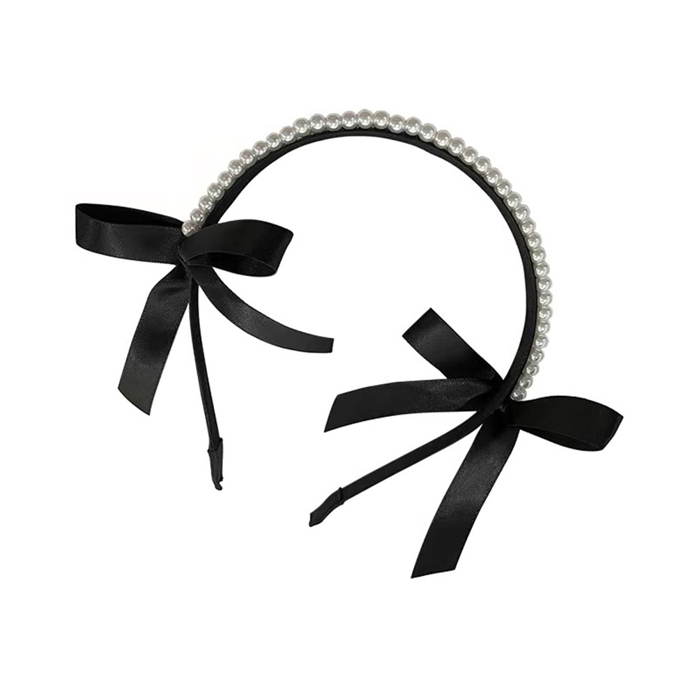 Băng Đô Nơ Cài Tóc Bằng Satin Đính Ngọc Trai Đen Phong Cách Hàn Quốc Thanh Lịch Dành Cho Nữ