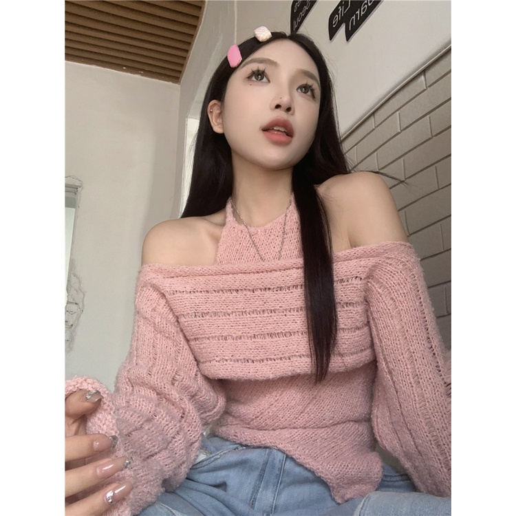 ZHELIHANGFEI Áo Len Trễ Vai Hai Dây + Chân Váy Xòe Thời Trang Dành Cho Nữ