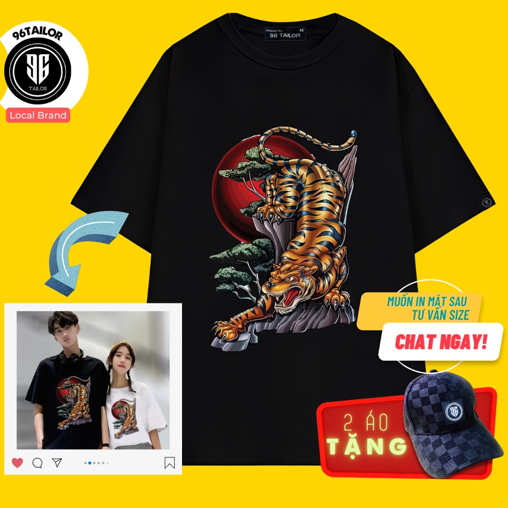 Áo Thun Unisex Hình Cọp Chất Ngầu - Nam nữ - Đen Trắng - Cotton 4 chiều mát dày có size - 96Tailor Local Brand Form rộng