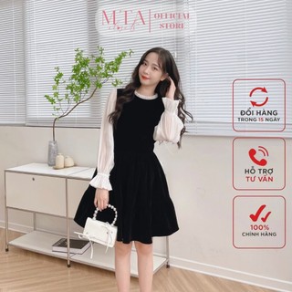 Váy nhung MTA CLOSETS,váy nhung đen xòe ba tầng, phôi tay tơ cao cấp, cổ bèo cách điệu MTA-V22018