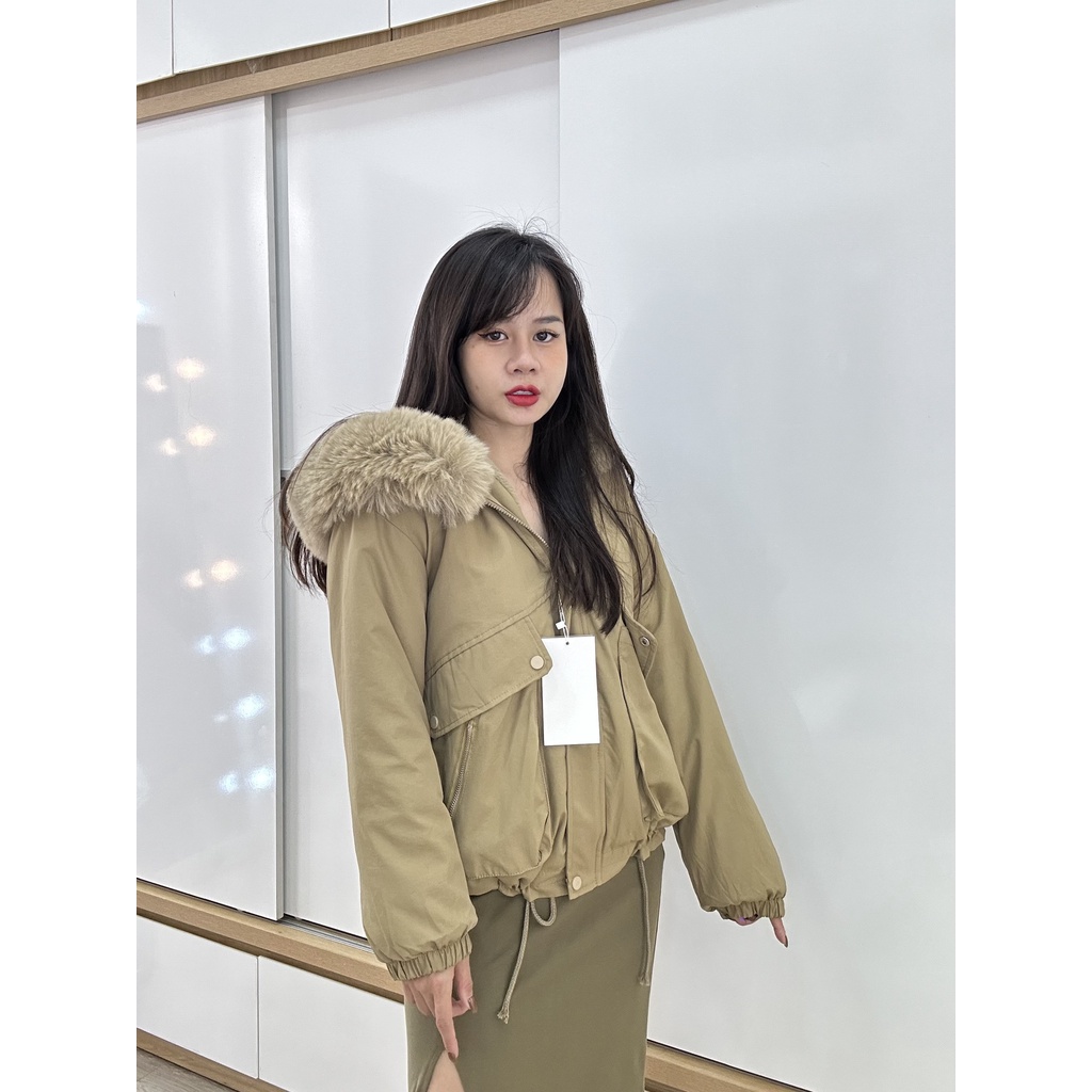 Áo khoác Parka Kaki dáng ngắn lót lông điểm nhấn khoá kéo nắp túi hộp trẻ trung dáng mới phong cách Hàn Quốc 2023 1831 I