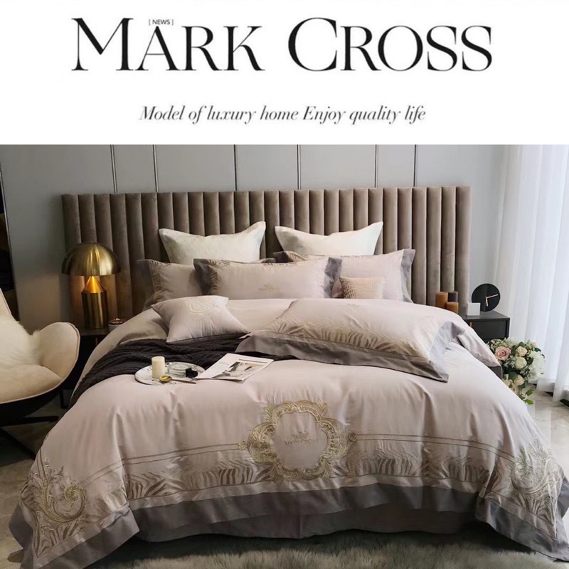 Bộ Chăn Ga Lụa MarkCross 120s mềm mượt thêu hoạ tiết sang trọng phong cách Châu Âu