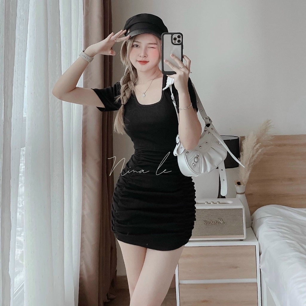 Đầm nữ thời trang mặc đi chơi chất thun gân ôm body cổ trong tay ngắn váy xếp ly dễ thương