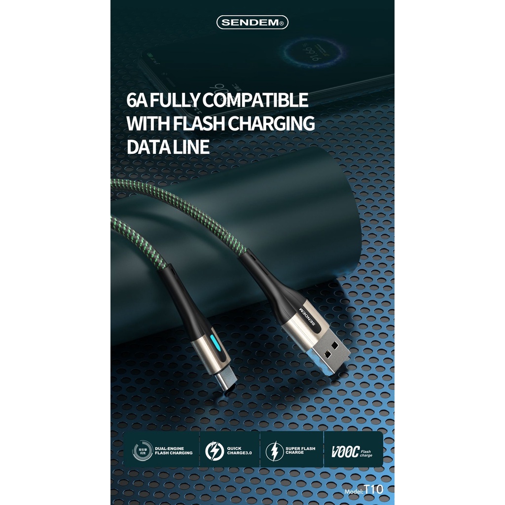 Cáp dữ liệu Sendem T10 6A bọc dù có đèn thở Chân Micro TypeC Trái Táo