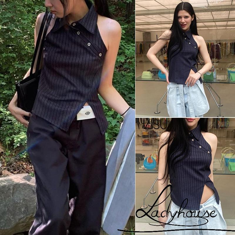 Áo Thun Không Tay Hở Lưng Ôm Dáng Họa Tiết Kẻ Sọc Màu Đen Dành Cho Nữ