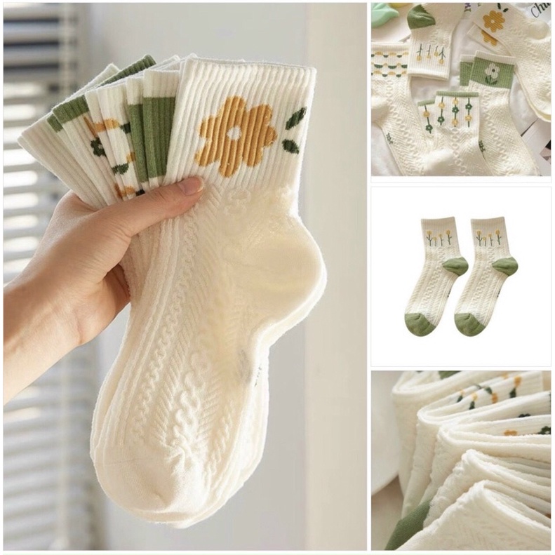 SET 5 Đôi Tất Vớ Cổ Cao Hoạ Tiết Hoa Lá Phong Cách Vintage Siêu Đẹp Cho Nữ
