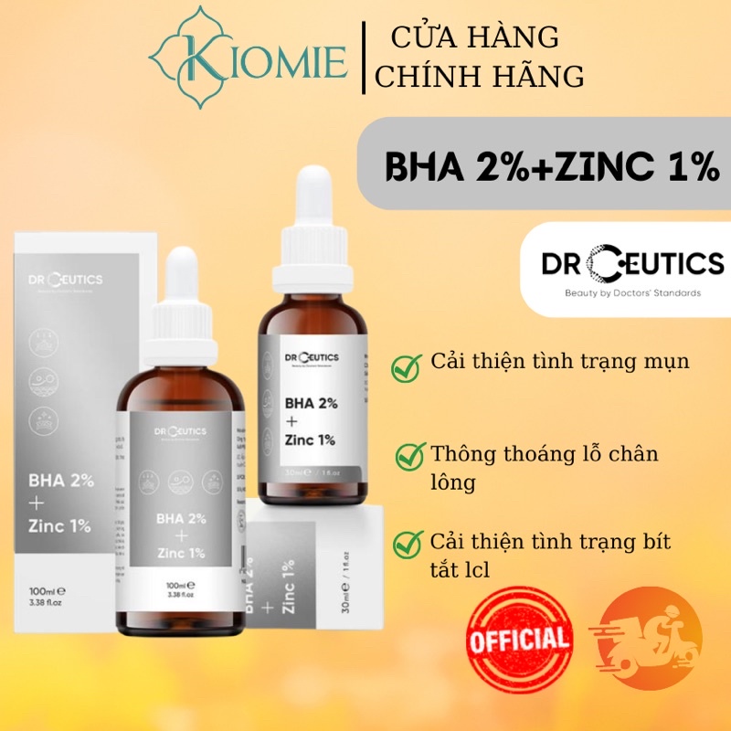 Serum BHA DrCeutics - BHA 2% + ZinC 1% hỗ trợ giảm m ụn cải thiện tình trạng da m ụn 30ml