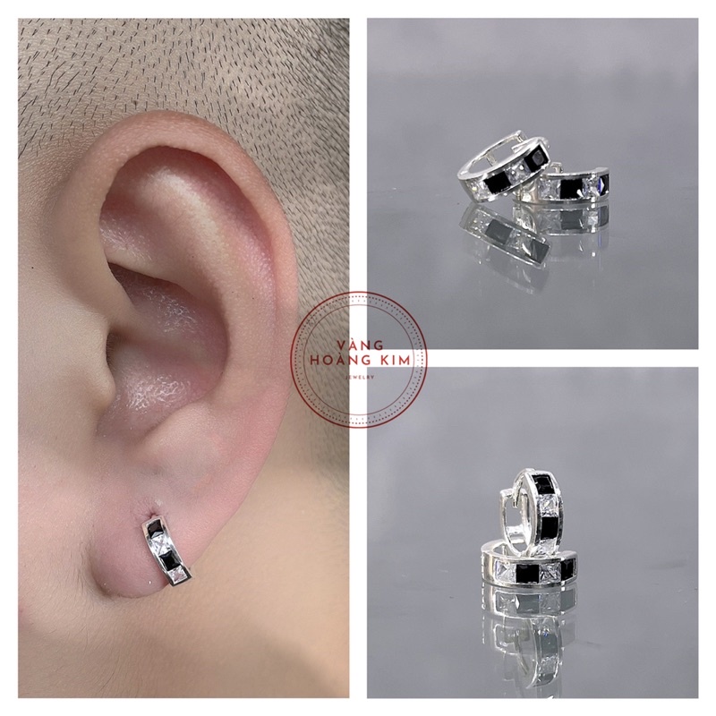 KHUYÊN TAI TRÒN CHUẨN BẠC S925 NẠM ĐÁ ĐEN