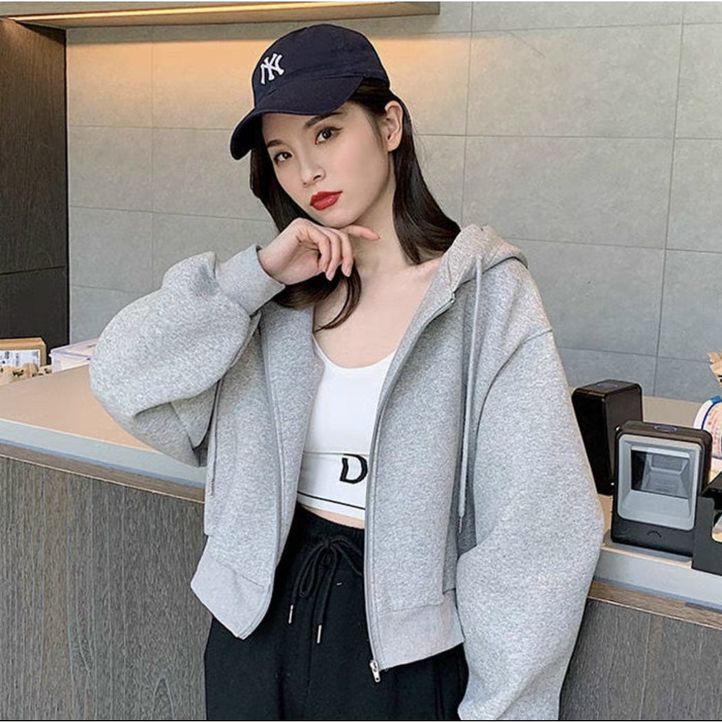 Áo Khoác Croptop Nữ Dây Kéo Chất Thun Nỉ Trơn Có Nón UTMCcroptop172
