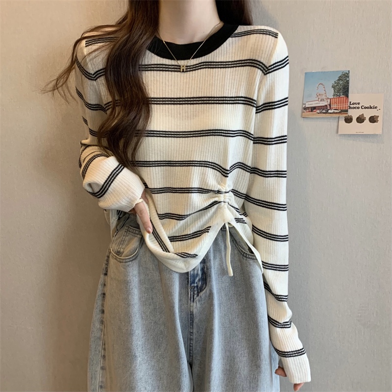 ZHELIHANGFEI Áo Sweater Tay Dài Kẻ Sọc Phối Dây Rút Cá Tính Thời Trang