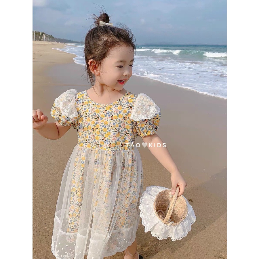 Đầm Váy Hoa Nhí Phối Ren Tay Phồng Dáng Xòe Cho Bé Gái