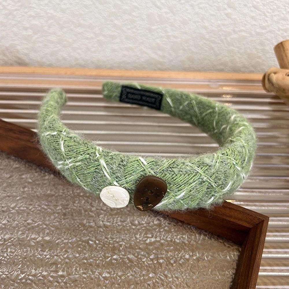 Băng Đô Len Cài Tóc Bản Rộng Họa Tiết Kẻ Sọc 15H Cài Nút Trang Điểm Xinh Xắn Cho Nữ