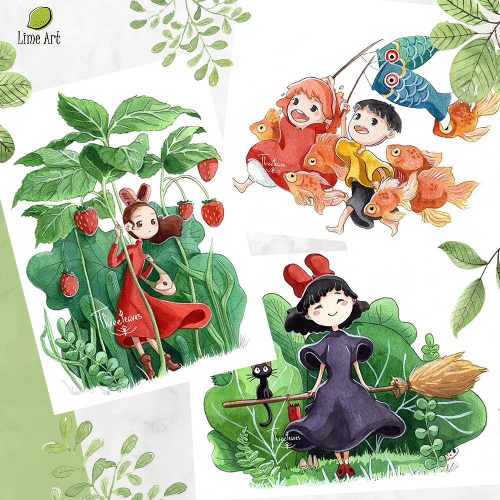 Tranh tô màu / Tranh tô màu nước Ghibli họa sĩ Three Leaves / Line Art / Khổ A5 A4 dày 300gsm
