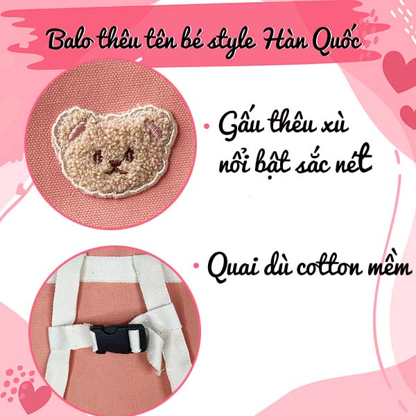 Balo hồng thêu tên bé theo yêu cầu